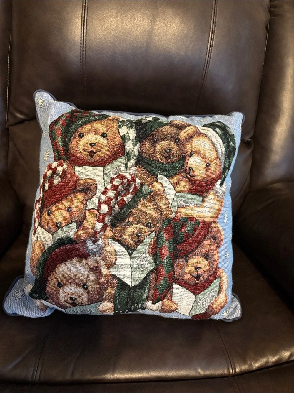 Vintage & Festive Teddy Bears Throw Pillow - Blue